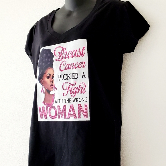 Women "Breast Cancer" Graphic Black V-Neck T-Shirt Size 1X - Picture 3 of 7